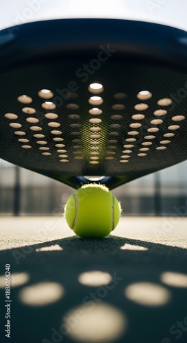 Close-up of a vibrant padel ball on a textured court, artistically framed by the patterned shadow of a game racket, symbolizing the focused energy of competitive athletic play
