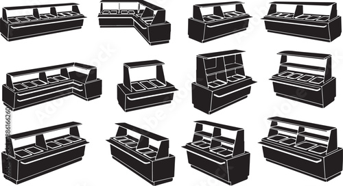 Various supermarket checkout counters in black and white illustration style