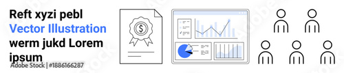 Certificate with monetary seal, data charts on a screen, and team icons. Ideal for finance, business strategy, teamwork, analytics, data-driven decisions, certifications simple landing page
