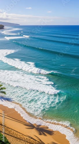 Aerial View of Waves Crashing on a Tropical Beach.