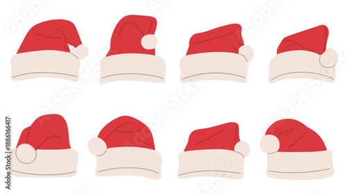 vector set of red Santa hats with white fur trim and pom-pom in different shapes and angles isolated. Perfect for Christmas design, holiday greeting cards, winter branding, festive posters, social 