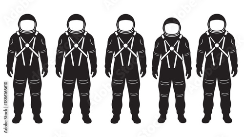 Astronauts in spacesuits flat vector illustration with monochromatic design on clean white background for space technology presentation.