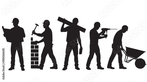 Construction Workers Silhouettes Professional and Diligent Black and White Graphic Vector Illustration for Industry and Workforce Representation