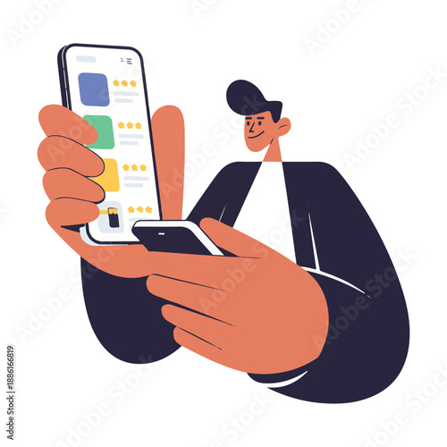 Man holding smartphone showing app with star ratings and colorful squares mobile