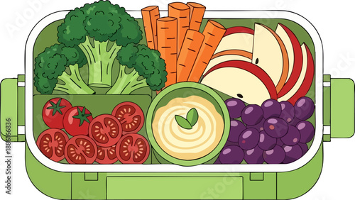 Healthy Lunchbox with Fresh Fruits and Vegetables.