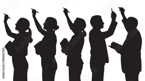 Silhouettes of diverse people actively writing and taking notes in a high-contrast black and white graphic as a clean vector illustration for business, education, and collaborative projects.