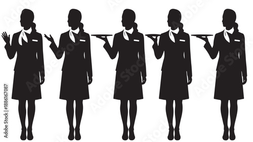 Female Flight Attendant Silhouettes Professional Vector Graphic in Black and White for Aviation Industry Representation.
