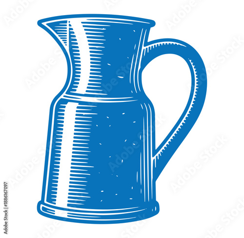 blue ceramic jug with handle on white background