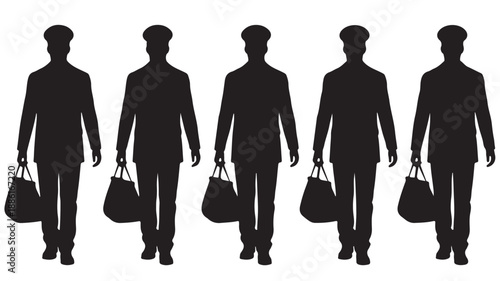 Five male silhouettes walking with shopping bags in an anonymous modern black and white vector illustration for retail advertising.