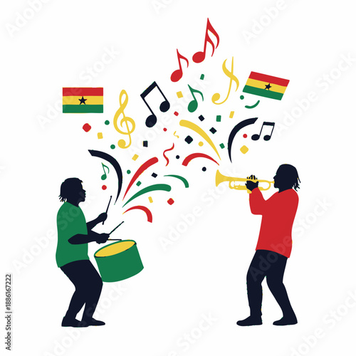 Ghanaian celebration with musicians, flags, and confetti explosion