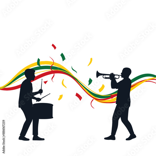 Musicians playing instruments with festive ribbons and confetti
