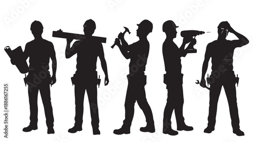 Construction workers silhouettes in professional graphic style with high contrast black and white for building industry representation.