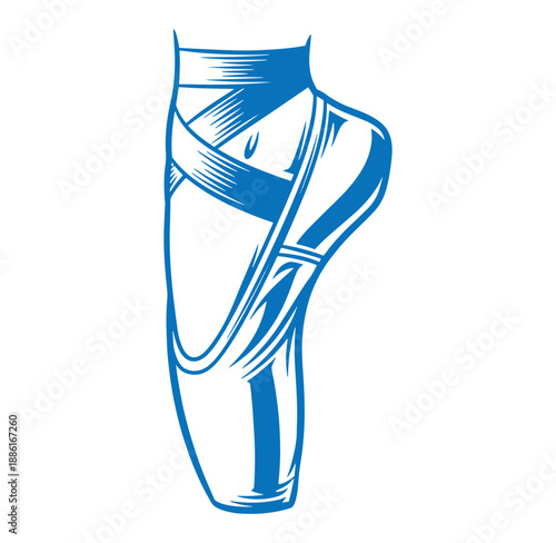blue drawing of a right female foot in a ballet shoe in profile on white background  dance