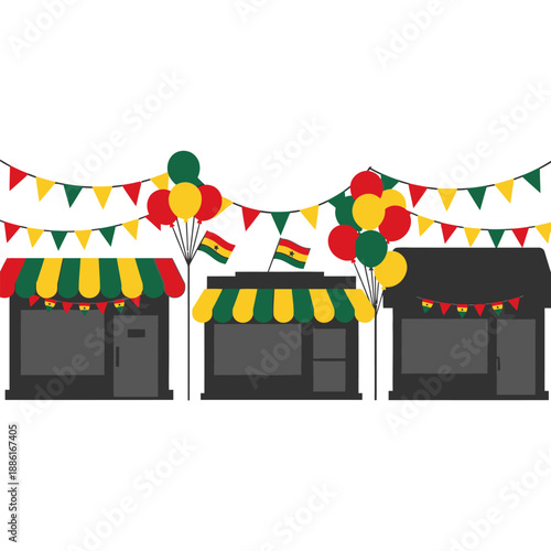 Street market stalls decorated for Ghana independence celebration