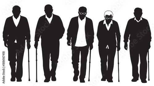 Senior citizens walking with canes in a graphic silhouette style with high contrast black and white vector illustration for aging and healthcare design.