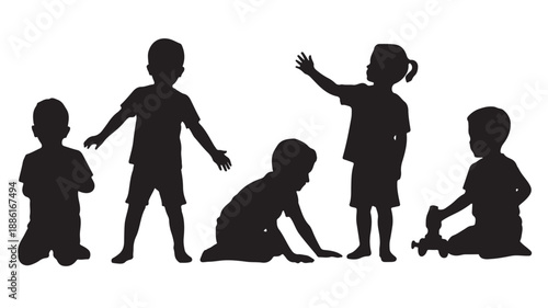 Diverse children silhouettes in playful active poses with stark black and white contrast as a vector graphic for educational and design elements.