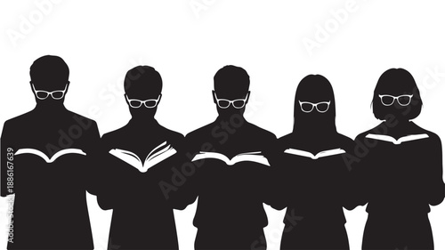 Silhouettes of diverse people reading books in a studious and intellectual style with high contrast black and white graphic illustration for education and knowledge.