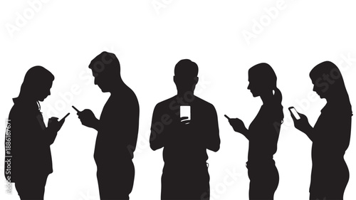 Group of people using smartphones in anonymous silhouette style with high contrast black and white graphic for digital communication.
