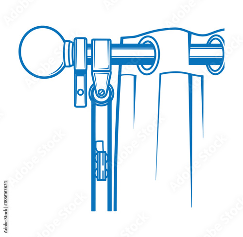 blue illustration of curtain rod with rings and finial