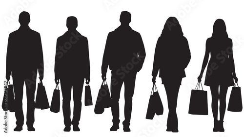 Diverse Group of Shoppers with Shopping Bags in Modern Silhouette Style with High Contrast Black and White Graphic Illustration for Retail Advertising and E-commerce Design.