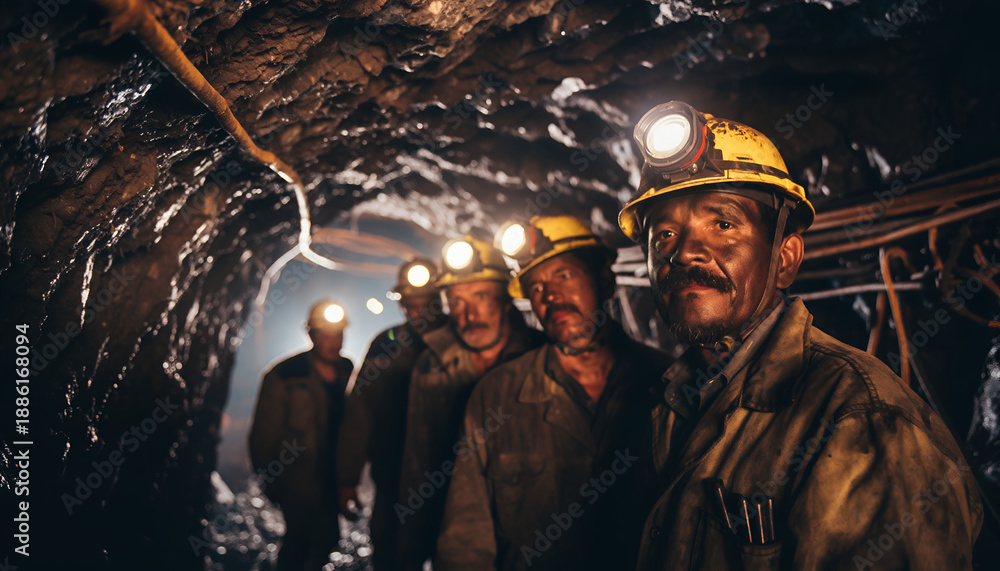 Fototapeta premium Miners in a dark underground coal mine wearing helmets with lights.