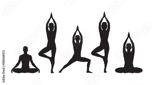 Yoga poses silhouettes in minimalist serene black and white vector illustration for health and wellness design.