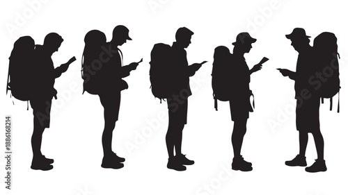 Hikers with backpacks in modern silhouette style with black and white contrast vector graphic for outdoor technology and digital connectivity.