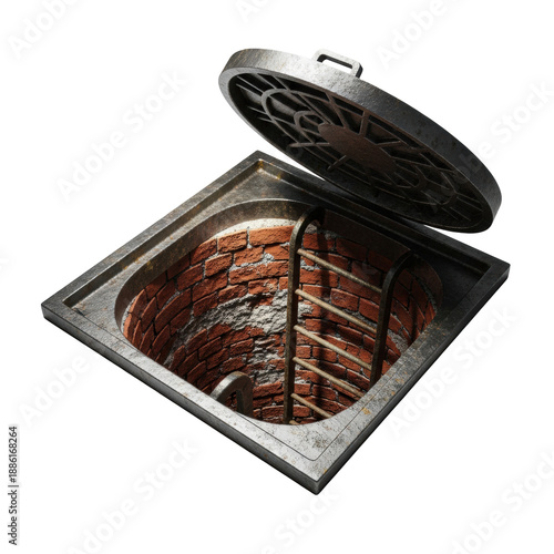 dramatic lighting illuminates a cast-iron manhole frame and partially opened cover, revealing a deep, dark shaft lined with wet red bricks and rusted rungs against a stark white background. concept
