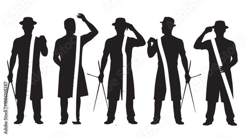 Five elegant men silhouettes with split graphic design in high contrast black and white vector illustration for theatrical performance branding.
