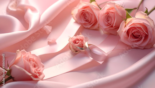 Soft pink roses on a delicate satin fabric background.