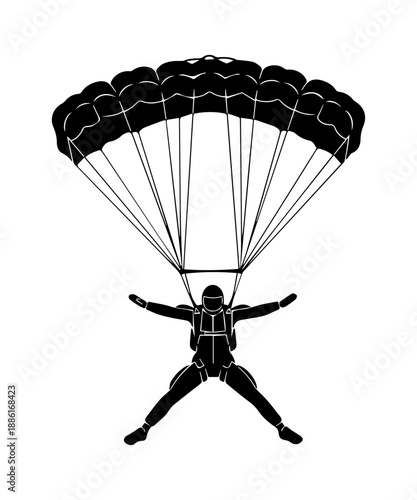 Black silhouette illustration of a skydiver descending with an open parachute canopy. airborne activity.