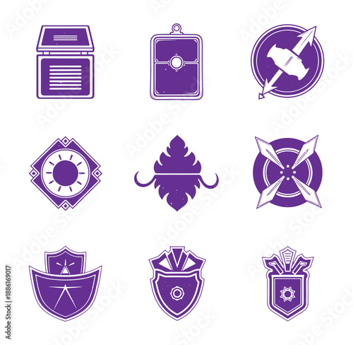 Collection of purple shield and emblem icons with various symbols