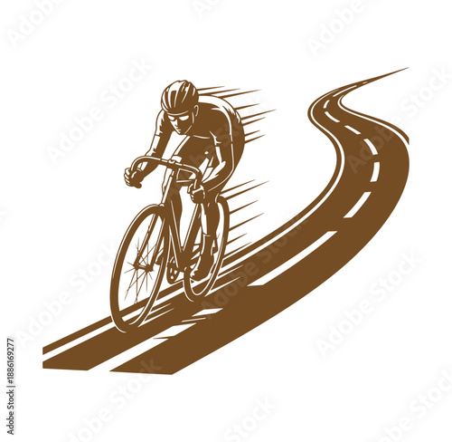 cyclist riding bicycle on winding road with motion lines  athlete in action