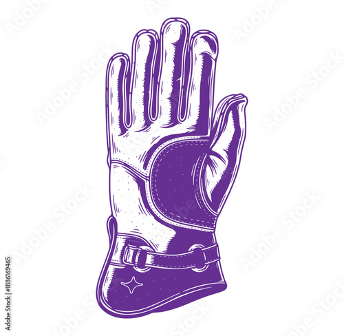 illustration of a purple leather motorcycle glove with a strap and buckle