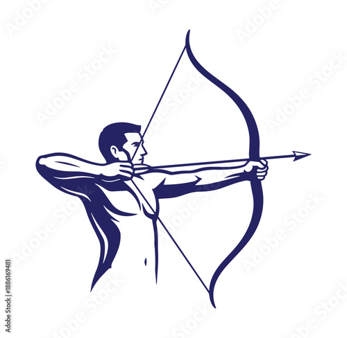 Man aiming a bow and arrow in a focused stance for archery sports  precision and skill