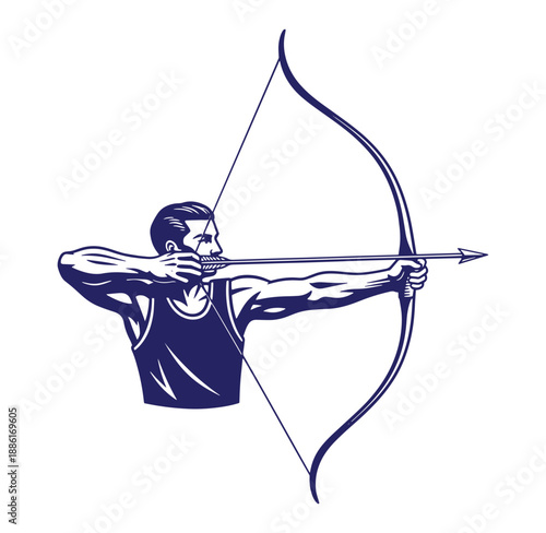 Man aiming bow and arrow in athletic stance with focused expression