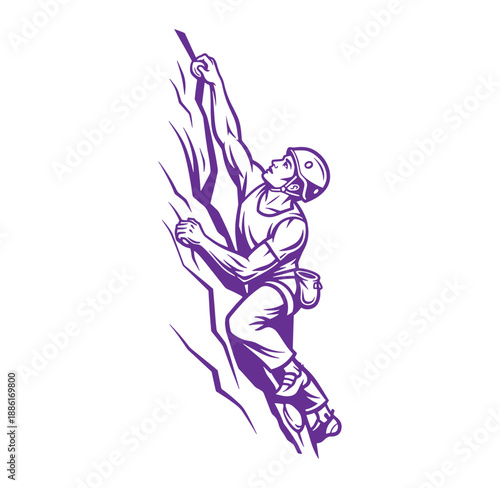 man climbing a rock face wearing a helmet and harness in purple silhouette