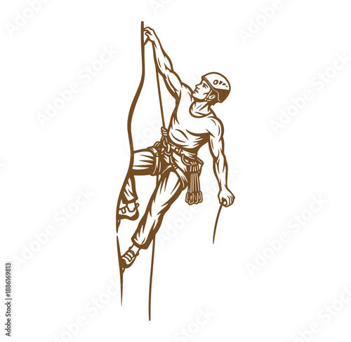 man climbing a rock face with rope and harness on transparent background