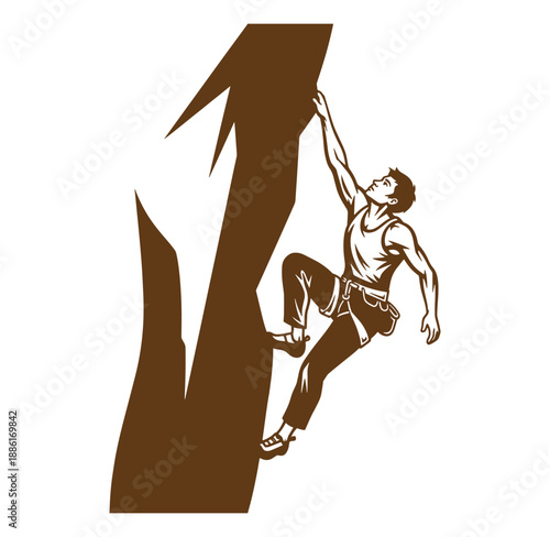 man climbing a rock formation in a dynamic pose on a white background