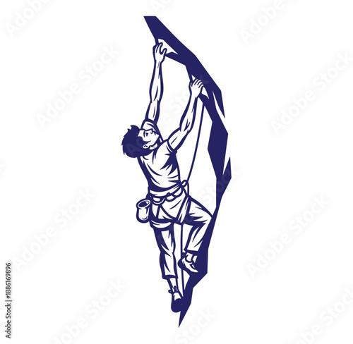 man climbing rock face with ropes and harness on white background