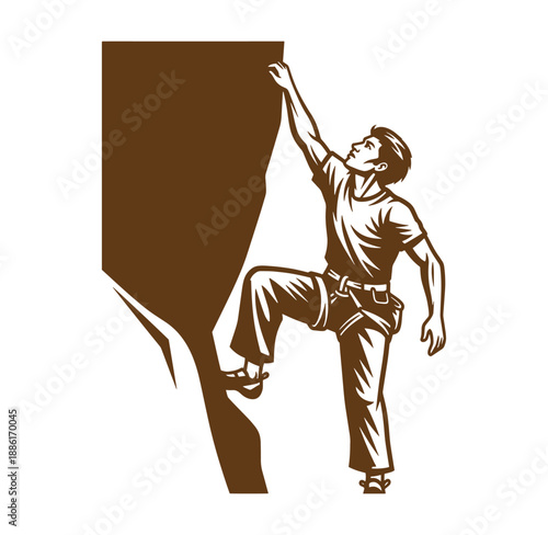 man climbing rock wall with hands and feet in dynamic pose on white background