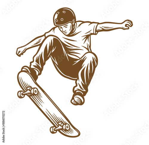 man in a helmet doing tricks on a skateboard in mid air on white background