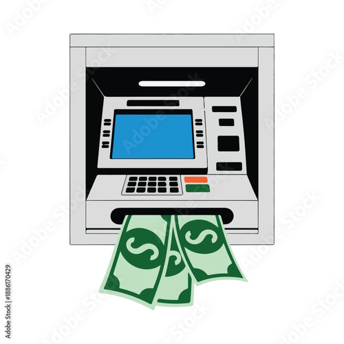 Automated teller machine dispensing cash with dollar bills money