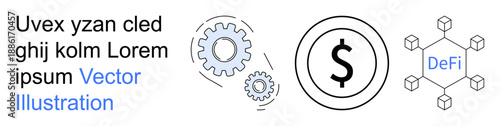 Fintech, blockchain technology, decentralized finance, innovation, cryptocurrency, business solutions. Gears, dollar symbol and blockchain diagram. Fintech and blockchain technology concept