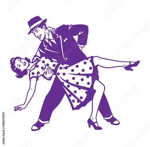 man in suit and hat dancing with woman in polka dot dress on white background
