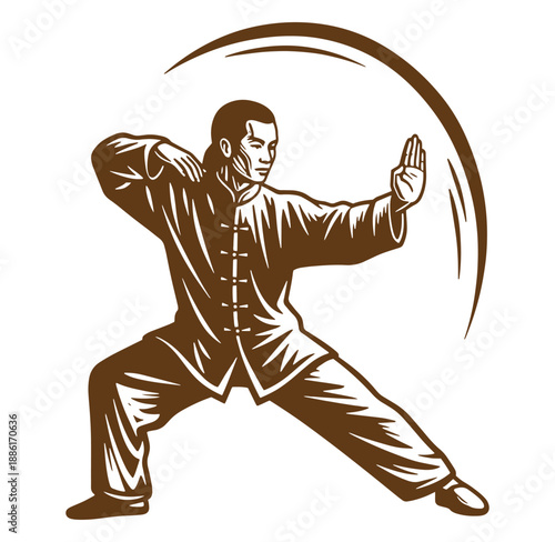 man in traditional chinese martial arts uniform practicing kung fu or tai chi with a defensive stance and arm outstretched