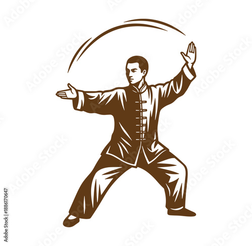 man in traditional chinese martial arts uniform practicing tai chi on transparent background