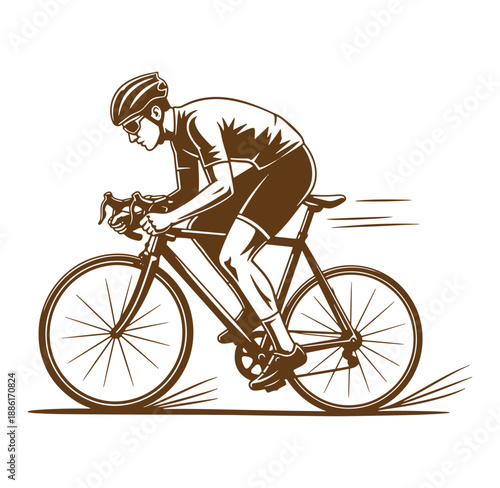 man riding bicycle fast in motion with helmet and cycling gear on white background