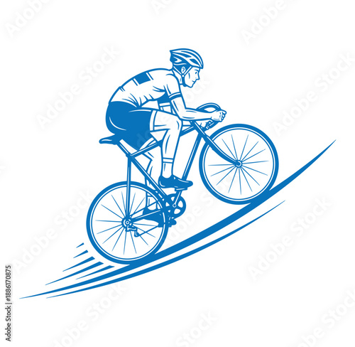 man riding bicycle on road in motion blue illustration