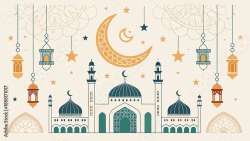 Beautiful mosque architecture with crescent moon and stars at night